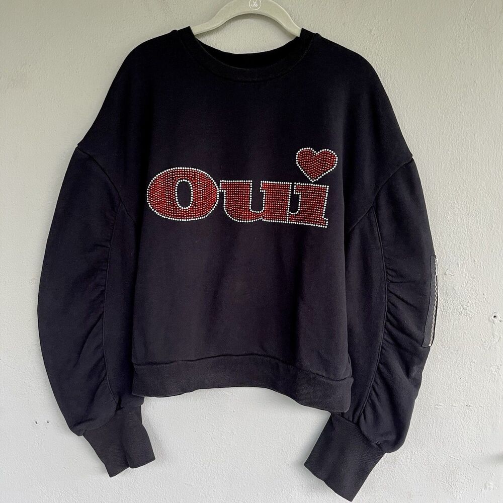 The Kooples Black Red Oui Embellished Graphic Fleece Sweatshirt Designer M
